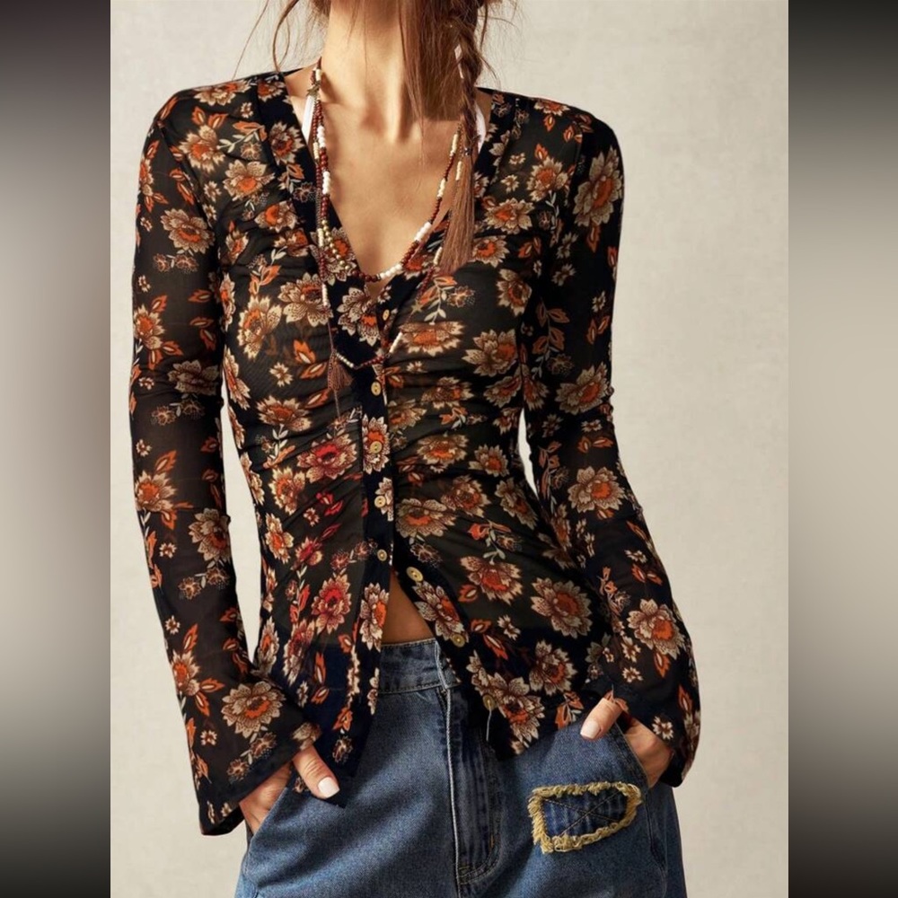 Boho Floral Print Button Down Long Sleeve Top